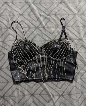 Blashe Faux Leather Rhinestone Tassel Bustier Crop Top